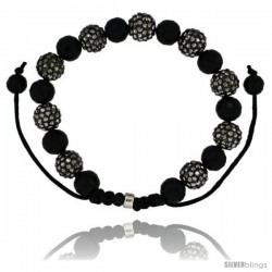 Black Crystal Disco Ball Adjustable Unisex Macrame Bead Bracelet w/ Faceted Black Beads, 3/8 in. (10 mm) wide