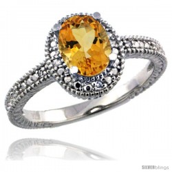 Sterling Silver Diamond Vintage Style Oval Citrine Stone Ring Rhodium Finish, 7x5 mm Oval Cut Gemstone