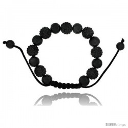 Black Crystal Disco Ball Adjustable Unisex Macrame Bead Bracelet w/ Hematite Beads, 3/8 in. (10 mm) wide