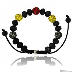 Multi Color Crystal Disco Ball Adjustable Unisex Macrame Bead Bracelet w/ Faceted Black Beads, 3/8 in. (10 mm) wide