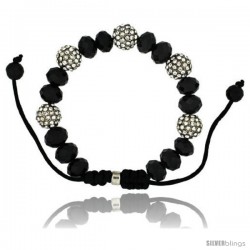 Crystal Disco Ball Adjustable Unisex Macrame Bead Bracelet w/ Faceted Black Beads, 3/8 in. (10 mm) wide