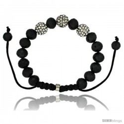 Crystal Disco Ball Adjustable Unisex Macrame Bead Bracelet w/ Faceted Black Beads, 3/8 in. (10 mm) wide -Style Cbb214