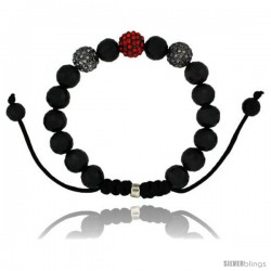 Black & Red Color Crystal Disco Ball Adjustable Unisex Macrame Bead Bracelet w/ Faceted Black Beads, 3/8 in. (10 mm) wide