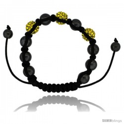 Yellow Color Crystal Disco Ball Adjustable Unisex Macrame Bead Bracelet w/ Hematite Beads, 3/8 in. (10 mm) wide -Style Cbb218