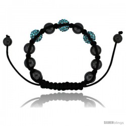 Blue Topaz Color Crystal Disco Ball Adjustable Unisex Macrame Bead Bracelet w/ Hematite Beads, 3/8 in. (10 -Style Cbb219