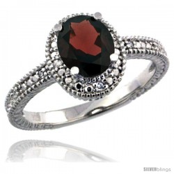 Sterling Silver Diamond Vintage Style Oval Garnet Stone Ring Rhodium Finish, 7x5 mm Oval Cut Gemstone