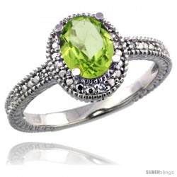 Sterling Silver Diamond Vintage Style Oval Peridot Stone Ring Rhodium Finish, 7x5 mm Oval Cut Gemstone