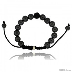 Black Crystal Disco Ball Adjustable Unisex Macrame Bead Bracelet w/ Hematite Beads, 3/8 in. (10 mm) wide -Style Cbb237