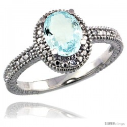 Sterling Silver Diamond Vintage Style Oval Aquamarine Stone Ring Rhodium Finish, 7x5 mm Oval Cut Gemstone