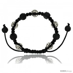 White & Gray Crystal Disco Ball Adjustable Unisex Macrame Bead Bracelet w/ Hematite Beads, 3/8 in. (10 mm) wide