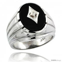 Sterling Silver Gent's Black Onyx Ring Diamond Center Oval Shape Rhodium Finish