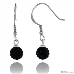 Sterling Silver 6mm Round Black Disco Crystal Ball Fish Hook Earrings, 1 1/16 in. (27 mm) tall