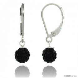 Sterling Silver 6mm Round Black Disco Crystal Ball Lever Back Earrings, 1 in. (25 mm) tall