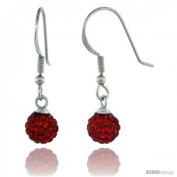 Sterling Silver 6mm Round Red Disco Crystal Ball Fish Hook Earrings, 1 1/16 in. (27 mm) tall