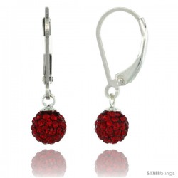 Sterling Silver 6mm Round Red Disco Crystal Ball Lever Back Earrings, 1 in. (25 mm) tall