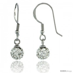 Sterling Silver 6mm Round White Disco Crystal Ball Fish Hook Earrings, 1 1/16 in. (27 mm) tall