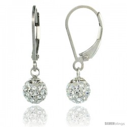 Sterling Silver 6mm Round White Disco Crystal Ball Lever Back Earrings, 1 in. (25 mm) tall