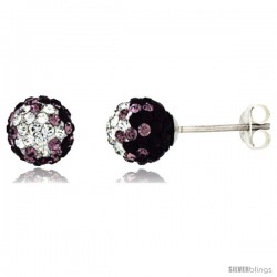 Sterling Silver Crystal Disco Ball Stud Earrings (8mm Round), Clear & Purple Color