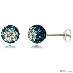Sterling Silver Crystal Disco Ball Stud Earrings (8mm Round), Clear & Blue-Green Color