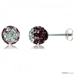 Sterling Silver Crystal Disco Ball Stud Earrings (8mm Round), Clear & Pink Color