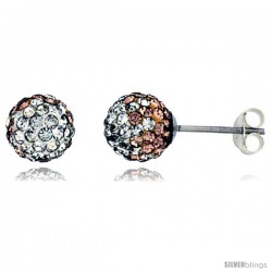 Sterling Silver Crystal Disco Ball Stud Earrings (8mm Round), Clear & Peach Color