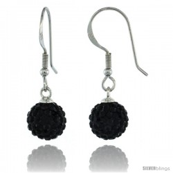 Sterling Silver 8mm Round Black Disco Crystal Ball Fish Hook Earrings, 1 1/4 in. (31 mm) tall, 1 1/16 in. (27 mm) tall