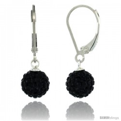 Sterling Silver 8mm Round Black Disco Crystal Ball Lever Back Earrings, 1 in. (25 mm) tall