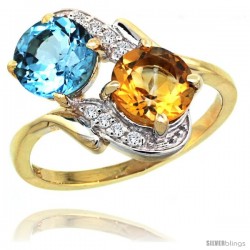 14k Gold ( 7 mm ) Double Stone Engagement Swiss Blue Topaz & Citrine Ring w/ 0.05 Carat Brilliant Cut Diamonds & 2.34 Carats