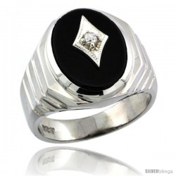 Sterling Silver Gent's Black Onyx Ring Diamond Center Oval Shape Rhodium Finish -Style Rdia802