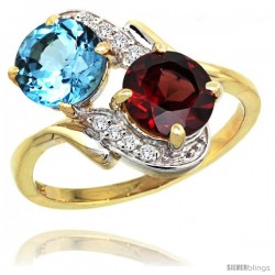 14k Gold ( 7 mm ) Double Stone Engagement Swiss Blue Topaz & Garnet Ring w/ 0.05 Carat Brilliant Cut Diamonds & 2.34 Carats