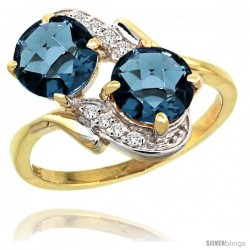 14k Gold ( 7 mm ) Double Stone Engagement London Blue Topaz Ring w/ 0.05 Carat Brilliant Cut Diamonds & 2.34 Carats Round