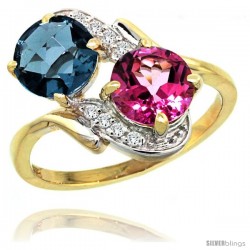 14k Gold ( 7 mm ) Double Stone Engagement London Blue & Pink Topaz Ring w/ 0.05 Carat Brilliant Cut Diamonds & 2.34 Carats