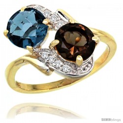 14k Gold ( 7 mm ) Double Stone Engagement London Blue & Smoky Topaz Ring w/ 0.05 Carat Brilliant Cut Diamonds & 2.34 Carats