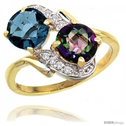 14k Gold ( 7 mm ) Double Stone Engagement London Blue & Mystic Topaz Ring w/ 0.05 Carat Brilliant Cut Diamonds & 2.34 Carats