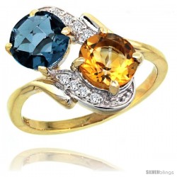 14k Gold ( 7 mm ) Double Stone Engagement London Blue Topaz & Citrine Ring w/ 0.05 Carat Brilliant Cut Diamonds & 2.34 Carats