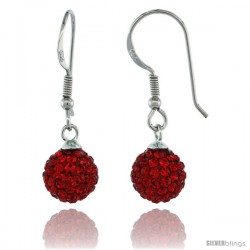 Sterling Silver 8mm Round Red Disco Crystal Ball Fish Hook Earrings, 1 1/4 in. (31 mm) tall, 1 1/16 in. (27 mm) tall