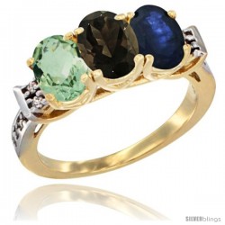 10K Yellow Gold Natural Green Amethyst, Smoky Topaz & Blue Sapphire Ring 3-Stone Oval 7x5 mm Diamond Accent