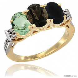 10K Yellow Gold Natural Green Amethyst, Smoky Topaz & Black Onyx Ring 3-Stone Oval 7x5 mm Diamond Accent