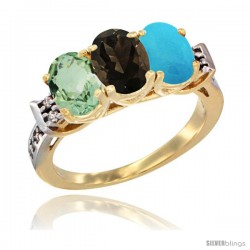 10K Yellow Gold Natural Green Amethyst, Smoky Topaz & Turquoise Ring 3-Stone Oval 7x5 mm Diamond Accent