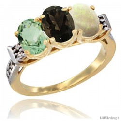 10K Yellow Gold Natural Green Amethyst, Smoky Topaz & Opal Ring 3-Stone Oval 7x5 mm Diamond Accent