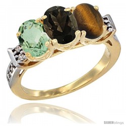 10K Yellow Gold Natural Green Amethyst, Smoky Topaz & Tiger Eye Ring 3-Stone Oval 7x5 mm Diamond Accent