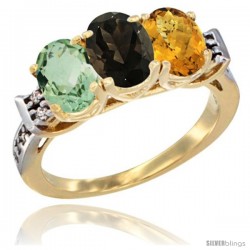 10K Yellow Gold Natural Green Amethyst, Smoky Topaz & Whisky Quartz Ring 3-Stone Oval 7x5 mm Diamond Accent