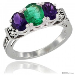 14K White Gold Natural Emerald & Amethyst Ring 3-Stone Oval with Diamond Accent