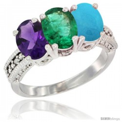 14K White Gold Natural Amethyst, Emerald & Turquoise Ring 3-Stone 7x5 mm Oval Diamond Accent