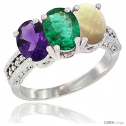 14K White Gold Natural Amethyst, Emerald & Opal Ring 3-Stone 7x5 mm Oval Diamond Accent