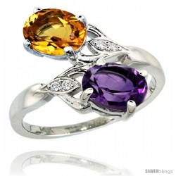 14k White Gold ( 8x6 mm ) Double Stone Engagement Amethyst & Citrine Ring w/ 0.04 Carat Brilliant Cut Diamonds & 2.34 Carats