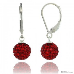 Sterling Silver 8mm Round Red Disco Crystal Ball Lever Back Earrings, 1 in. (25 mm) tall