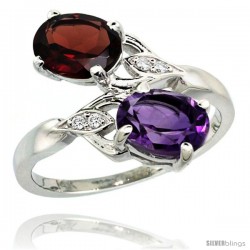 14k White Gold ( 8x6 mm ) Double Stone Engagement Amethyst & Garnet Ring w/ 0.04 Carat Brilliant Cut Diamonds & 2.34 Carats