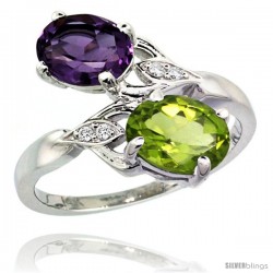 14k White Gold ( 8x6 mm ) Double Stone Engagement Amethyst & Peridot Ring w/ 0.04 Carat Brilliant Cut Diamonds & 2.34 Carats