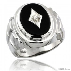 Sterling Silver Gent's Black Onyx Ring Diamond Center Oval Shape Rhodium Finish -Style Rdia803